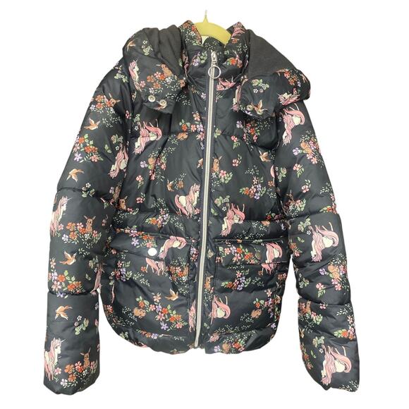 H&M GIRL's WOODLAND UNICORN Princess Pink Floral Black Fantasy Winter Coat 10
